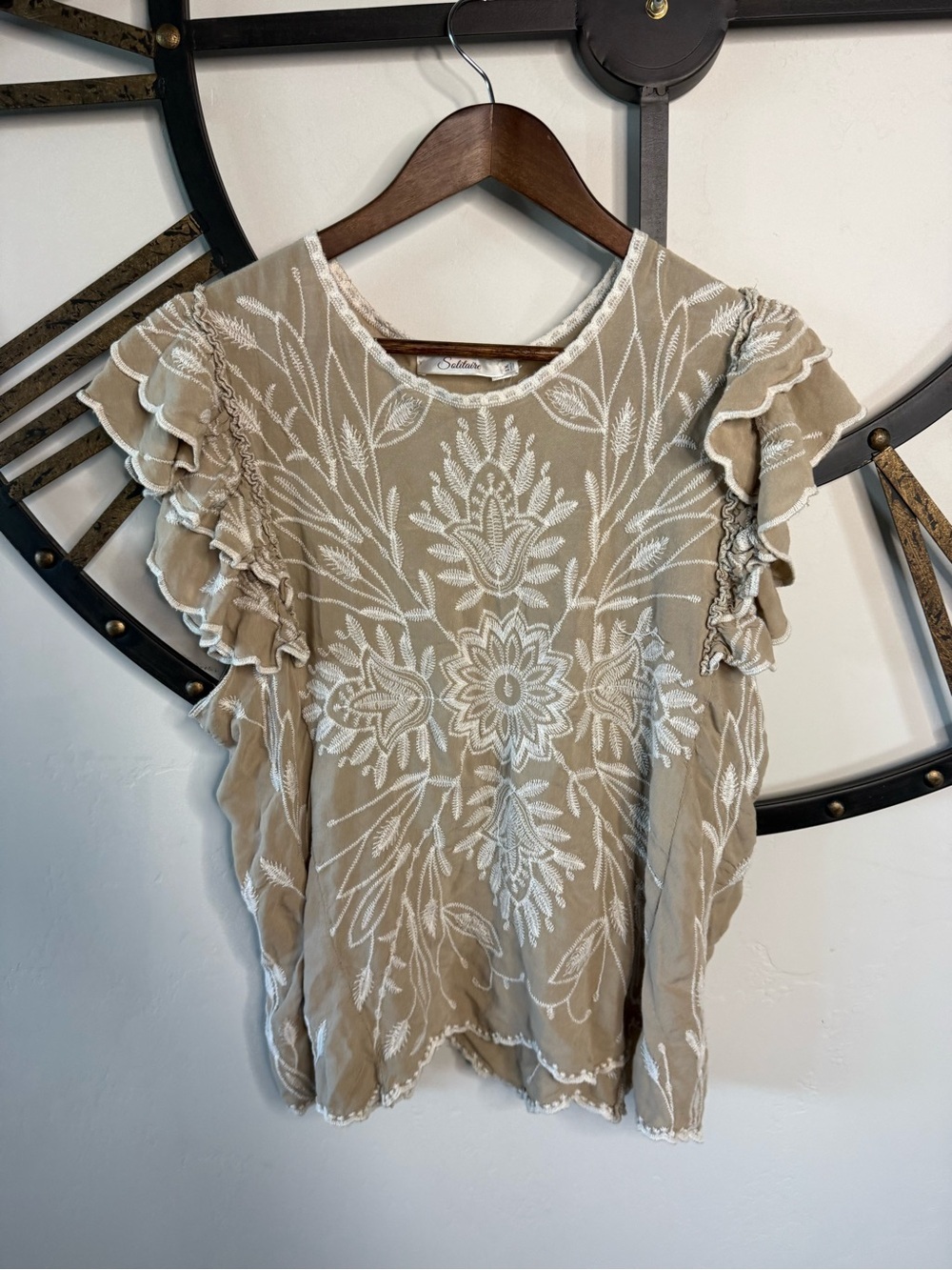 Solitaire Taupe Top with White Floral Embroidery and Ruffle Sleeves